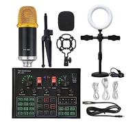 Kit de tarjeta de sonido, Paquete de micrófono de condensador de estudio profesional Kit de micrófono WXH1000 con tarjeta de sonido en vivo Karaoke inalámbrico(Gold BM900 LED)