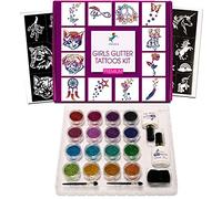 Kit de tatuaje con purpurina premium para niñas | Tatuajes profesionales únicos con purpurina para niños y adultos | 74 increíbles plantillas de tatuaje con purpurina | 2 XL (15 ml)
