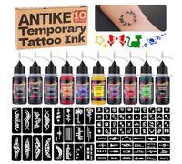 Kit de Tatuajes Temporales, 10 Botellas de Tintas de Color para Tatuaje Temporal 0.5oz con 84 Plantillas para Pintura Corporal Tatuaje Temporal de Bricolaje