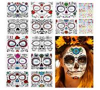 Kit de Tatuajes Temporales para Halloween - 14 Hojas de Tatuajes a Prueba de Agua + 2 Pegatinas de Gemas Faciales - para Mascarada, Hombres y Mujeres