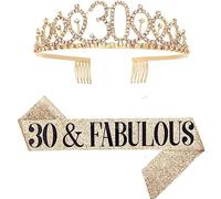 Kit de tiara de banda de reinas de cumpleaños y estrás, 21, 30, 40, 50, 60 cumpleaños, faja para mujeres, accesorios de fiesta de cumpleaños (oro 30th)