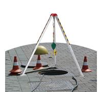 Kit de trípode de rescate de emergencia con mecanismo de autobloqueo, diseño plegable para seguridad en espacios reducidos, incluye cabrestante y dispositivo anticaídas para operaciones de bomberos y