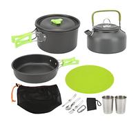 Kit de utensilios de cocina para acampar, juego de cocina portátil para mochileros, ollas de aluminio oxidado duro, tetera con tenedor plegable, cuchara, kit de utensilios de (Verde)