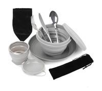Kit de Vajilla para Camping para 1 Persona, Juego de Menaje Camping Plegable 8 en 1, Cubiertos de Viaje Portátiles Incluye Cuchillo, Cuchara, Tenedor Acero Inoxidable, Taza, Cuenco, Plato y Bolsa
