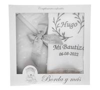 Kit de vela y pañuelo personalizado para bautizo - Pack de vela decorada para Bautizo y Paño bordado con nombre y fecha del Bautismo - Modelo Bambula (Gris)
