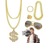 Kit De Vestuario De Hip Hop - Conjunto De Accesorios Retro De 5 Piezas 80/90 | Cadenas De Oro Falsas, Collar Y Pulsera Con Gafas De Sol Punk Y Anillo De Anodó Dólares, Traje De Fiesta De Rap Vintage P