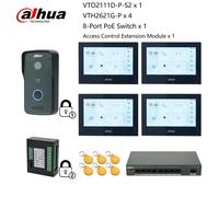 Kit de videoportero IP Dahua con control para 2 cerraduras, VTO2111D-P-S2 y VTH2621G-P, y conmutador PoE, compatible con SIP y con desbloqueo mediante tarjeta RFID. 1 DB 1 Black Screen