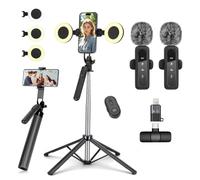 Kit de vlogging para Creadores de Contenido para iPhone/Android, Palo Selfie de 180 cm con 2 Luz y Micrófono, Trípode para Smartphone, Kit de Inicio para TikTok/Youtube