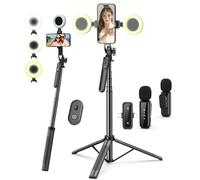 Kit de vlogging para iPhone/Android, trípode de palo selfie de 71 pulgadas para iPhone con luz de relleno, micrófono inalámbrico y control remoto, trípode de teléfono de rotación de 360° para TikTok
