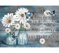 Kit Diamond Painting 5D Margaritas y Mariposas - Pintura de Diamantes para Adultos y Principiantes con Frase Inspiradora “Every Day is a New Beginning”, Decoración de paredes del hogar, 30x40cm