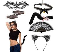 Kit Disfraz de Gato Accesorios Conjunto de Disfraz de Gato para Mujer Diadema Orejas de Gato - Incluye Orejas de Gato, Máscara, Guantes y Accesorios de Halloween - Antifaz Elegante y Misterioso