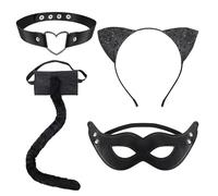Kit Disfraz Gato Accesorios Mujer, Orejas de Gato Rabo de Gato Máscara Gargantilla de Encaje, Conjunto de Disfraz para Carnaval Halloween y Fiesta Cosplay de Animales