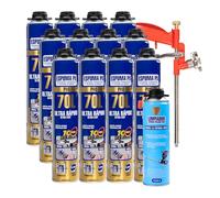 Kit Espuma de Poliuretano 70L Ultra Rápido - 12 Botes Espuma Expansiva 750ml con Pistola Aplicadora y Limpiador de Espuma 500ml - Set para Sellado, Aislamiento y Construcción