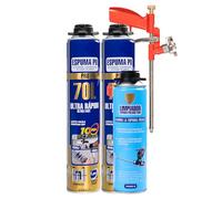 Kit Espuma de Poliuretano 70L Ultra Rápido - 2 Botes Espuma Expansiva 750ml con Pistola Aplicadora y Limpiador de Espuma 500ml - Set para Sellado, Aislamiento y Construcción