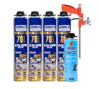 Kit Espuma de Poliuretano 70L Ultra Rápido - 4 Botes Espuma Expansiva 750ml con Pistola Aplicadora y Limpiador de Espuma 500ml - Set para Sellado, Aislamiento y Construcción