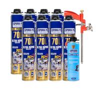 Kit Espuma de Poliuretano 70L Ultra Rápido - 8 Botes Espuma Expansiva 750ml con Pistola Aplicadora y Limpiador de Espuma 500ml - Set para Sellado, Aislamiento y Construcción