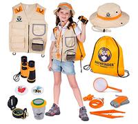 Kit Explorador Niños y Disfraz Explorador Niño - Chaleco Explorador Niño de 3 a 12 Años - Prismaticos Niños, Linterna Infantil, Lupa, Brujula, Insectos Juguete - Regalo Juguetes Niños (Naranja, 3-7)