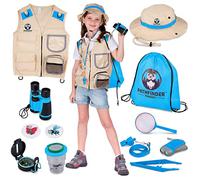 Kit Explorador y Disfraz para Niños - Chaleco de 3 a 12 Años - Prismáticos, Linterna Infantil, Lupa, Brújula, Insectos Juguete - Regalo Juguetes (Azul, 7+)