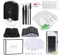 Kit Extensión Pestañas Accesorios Lash 0.07D Curl Mix 7-15mm USB Ventilador de Pestañas Espejo Parche Ojos Cinta Pinzas Rímel Cepillo Micro Pincel Anillo pegamento Almohadilla de Silicona