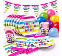 Kit Fiesta Feliz Cumpleaños 54 Piezas | Decoración Cumpleaños Infantil con Guirnalda, Platos, Vasos, Servilletas y Globos de Colores para Niño y Niña