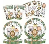 Kit Fiesta Safari Animales 120 Piezas - Vajilla Desechable Biodegradable con Platos, Vasos, Servilletas, Mantel, Banderines e Invitaciones - Ideal Cumpleaños Infantil, Baby Shower y Fiestas Escolares