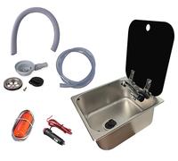 Kit fregadero caravana 32x35 con tapa + grifo Comet London 12V con interruptor + bomba 10 L/min + sumidero 90° + mangueras y toma 12V para furgoneta, caravana y autocaravana