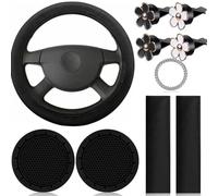 Kit interior automotriz de 10 piezas con cubierta para volante, fundas para cinturón de seguridad, posavasos, soportes de ventilación y botón de arranque compatible con diamantes de imitación (negro)