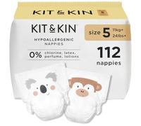 Kit & Kin Pañales Talla 5 (11+ kg) 112 Unidades, Hipoalergénicos, de Origen Vegetal, Protección Antifugas Superior hasta 12 horas, Veganos y Cruelty-Free