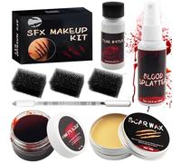 Kit Maquillaje Halloween 8 Piezas, con Sangre Falsa, Halloween Cicatrices Falsas Cera, Sangre Falsa Coagulada, Agua para Heridas Falsas, Kit de Maquillaje de Halloween para Cicatrices