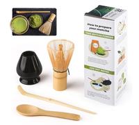 Kit Matcha 4 Piezas, Kit Matcha, Incluye Batidor Matcha de Bambú, Cuchara Tradicional, Cuchara para Té, Soporte para Batidor Matcha, el Set Perfecto Para Preparar Una Taza, Negro
