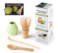 Kit Matcha 4 Piezas, Kit Matcha, Incluye Batidor Matcha de Bambú, Cuchara Tradicional, Cuchara para Té, Soporte para Batidor Matcha, el Set Perfecto Para Preparar Una Taza, Verde