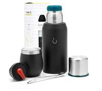 Kit Mate Argentino de 6 piezas - Incluye Mate de acero con Tapa, Bombilla y Termo Mate con 2 Tapones Pico Cebador - Facil de Lavar, Apto Lavavajillas. (Negro)