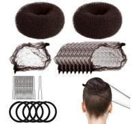 Kit Moño para Niñas, 2 Mini Donuts Peinado, 10 Redes Invisibles, 20 Horquillas, 5 Ligas para Fiesta de Ballet (Marrón)