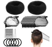 Kit Moño para Niñas, 2 Mini Donuts Peinado, 10 Redes Invisibles, 20 Horquillas, 5 Ligas para Fiesta de Ballet (Negro)