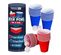 Kit Oficial Original Beer Pong | Juego de Copas + Bolas Beer Pong | 22 Tazas (11 Rojas y 11 Azules) | 4 Bolas | Vasos Reutilizables | OriginalCup®