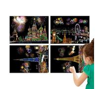 Kit Paint by Scratch Kit - Hojas de papel A4 de 8,27 x 11,42 pulgadas | Rainbow City - Juego de papel rascador para visión nocturna | Kit de arte creativo con lápices de dibujo para adultos y niños