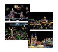Kit Paint by Scratch Kit - Hojas de papel A4 de 8,27 x 11,42 pulgadas | Rainbow City - Juego de papel rascador para visión nocturna | Kit de arte creativo con lápices de dibujo para adultos y niños