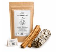 Kit Palo Santo y Salvia Blanca Natural | 2 Palos Santo de Perú + 1 Manojo de Salvia para Limpieza, Meditación, Yoga y Aromaterapia - Incluye Audio Subliminal de Protección Energética