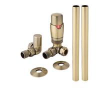 Kit para Radiadores con Llaves Termostáticas Modernas de Esquina y Kit Cubre Tubos - Oro Cepillado