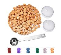 Kit Perlas de Cera de Sellado, Kit de Cuentas de cera de Octagonal vintage con 2 Velas de Té Y 1 cucharas de Cera, Sello Lacre para Invitaciones de Boda, Sobres de Tarjetas, Envoltura de Vino(Dorado)