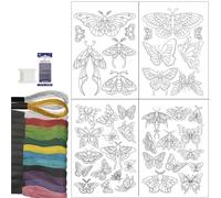 Kit Plantilla Bordado Patrones de bordado solubles en agua mariposa, palo for coser a mano y estabilizadores papel transferencia puntadas, lavable, 40 Uds(4 Sheets With Thread)