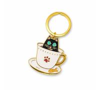 Kit Poket - Llavero Gato Negro en Taza de Café, Metal Esmaltado Dorado y Negro, Incluye Postal Ilustrada, Diseño Español, Regalo Original