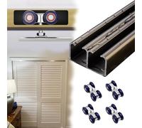 Kit Puerta Corredera Oculta Riel de Puerta de Derivación de Montaje Superior, Herrajes para Puertas Corredizas Dobles de Granero, Kit Puerta Corredera de Gabinete de Bolsillo(Champagne,180cm(5.9ft))
