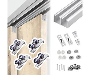 Kit Puerta Corredera Oculta Riel para Puerta Corrediza de Doble Riel con Juegos de Rodillos, Herrajes para Puertas Corredizas, Kit de Riel para Puerta de Gabinete de 2 Puertas(Silver,148in/375cm)