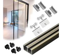 Kit Puerta Corredera Oculta Riel para Puerta Corrediza Doble de Vidrio Sin Marco, Herrajes para Puertas Corredizas con Guía de Piso, Riel para Puerta de Armario Interior(Champagne,142in/360cm)