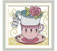 Kit Punto de cruz 11 CT tela estampada 18x18cm kit de bordado bricolaje pre entrada simple - bordado de impresión para niñas manualidades bordado de artículos DMC - Taza de té dos