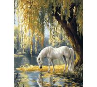 Kit Punto De Cruz Con Hilos Y Tela Impresa Caballo Blanco Bajo Un Sauce 40X50Cm Cuadros En Cross Stitch Embroidery Bordar Punto De Cruz Kit Bordado Completo Esquemas Para Principiantes Patro