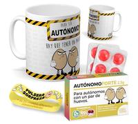 Kit regalo autónomos y emprendedores | Taza Para ser autónomo hay que tener un par de huevos + Caramelos divertidos + Pulsera sorpresa | Regalo original para freelance, cumpleaños o navidad