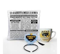 Kit regalo graduación con cojín 40 x 40 cm "La Gaceta de la Graduación", taza Max de cerámica y diadema fiesta