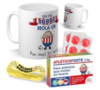 Kit regalo personalizado para aficionados del Atlético de Madrid | Taza personalizada Ser del Atlético mola un huevo + Caramelos divertidos + Pulsera sorpresa | Regalo para Colchoneros.